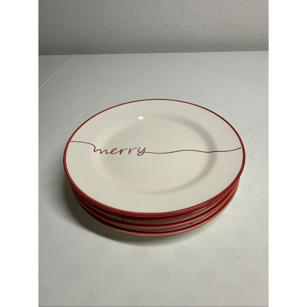 Pottery Barn TAHOE Holiday Sentiment MERRY SALAD dessert Plate Set Of 4 EUC